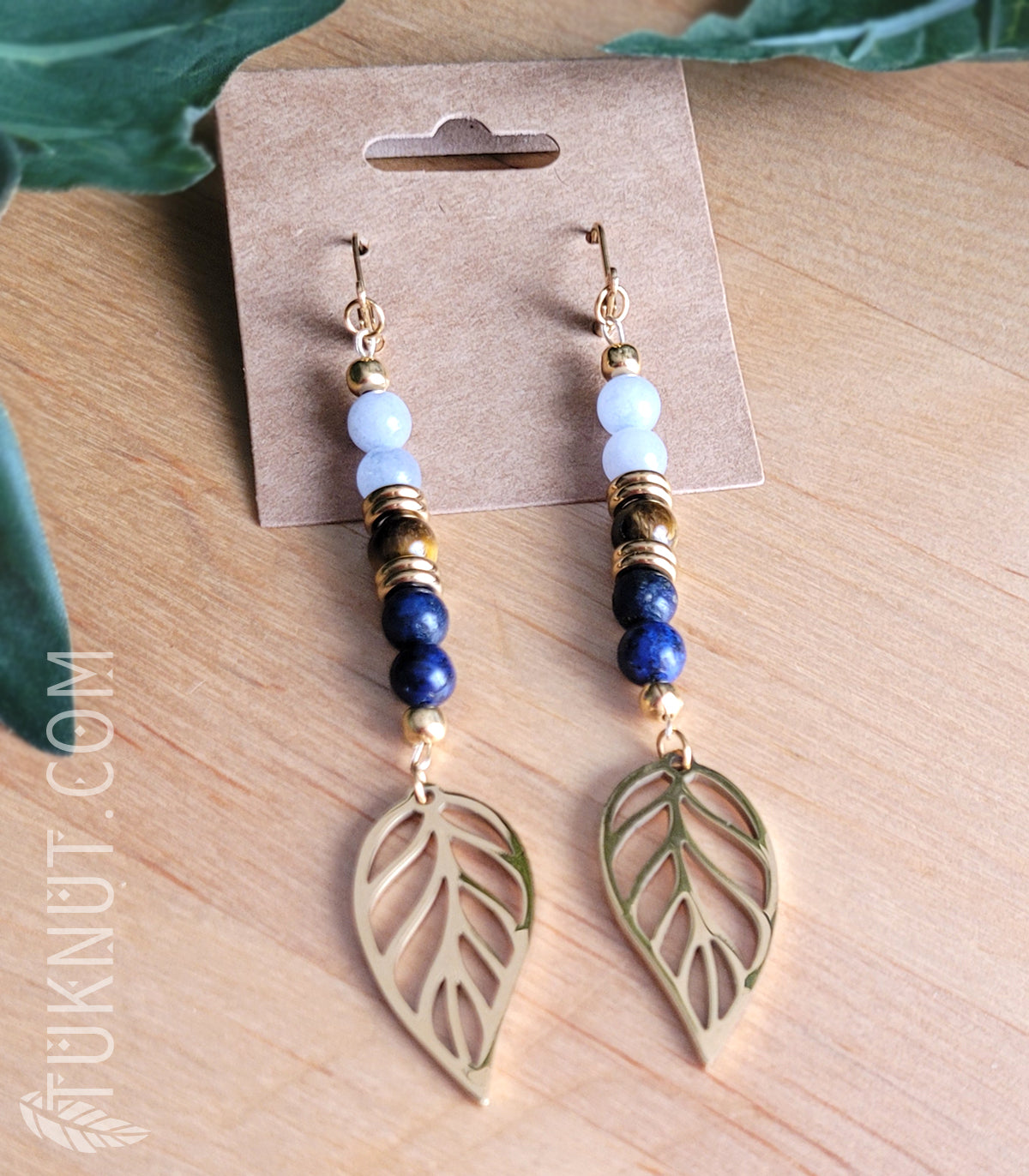Boucles d'oreilles Feuille dorée et pierres • BO41