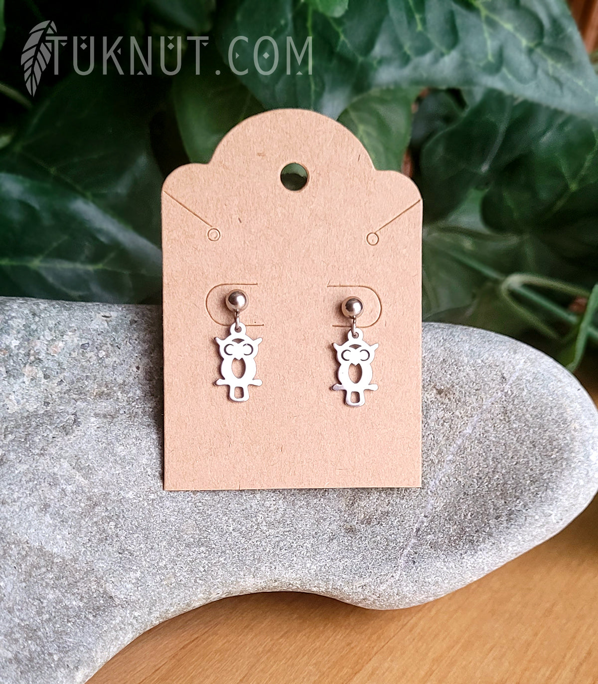 Boucles d'oreilles (tiges et papillons) d'inspiration autochtone; avec pendentifs (Hibou) en acier inoxydable (couleur : argent) TUKNUT