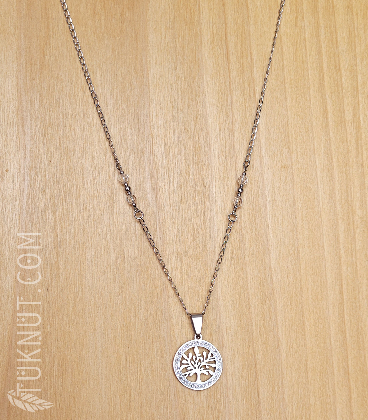 Collier d'inspiration autochtone avec pendentif (arbre de vie avec pierre du rhin) en acier inoxydable avec cristal (couleurs : argent, transparent et blanc) TUKNUT