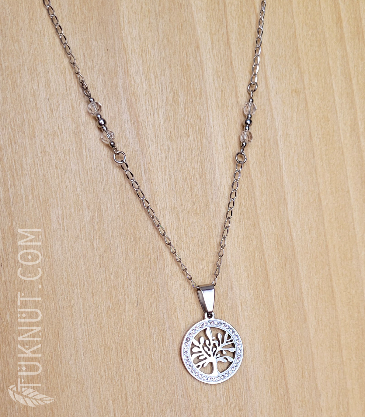 Collier d'inspiration autochtone avec pendentif (arbre de vie avec pierre du rhin) en acier inoxydable avec cristal (couleurs : argent, transparent et blanc) TUKNUT