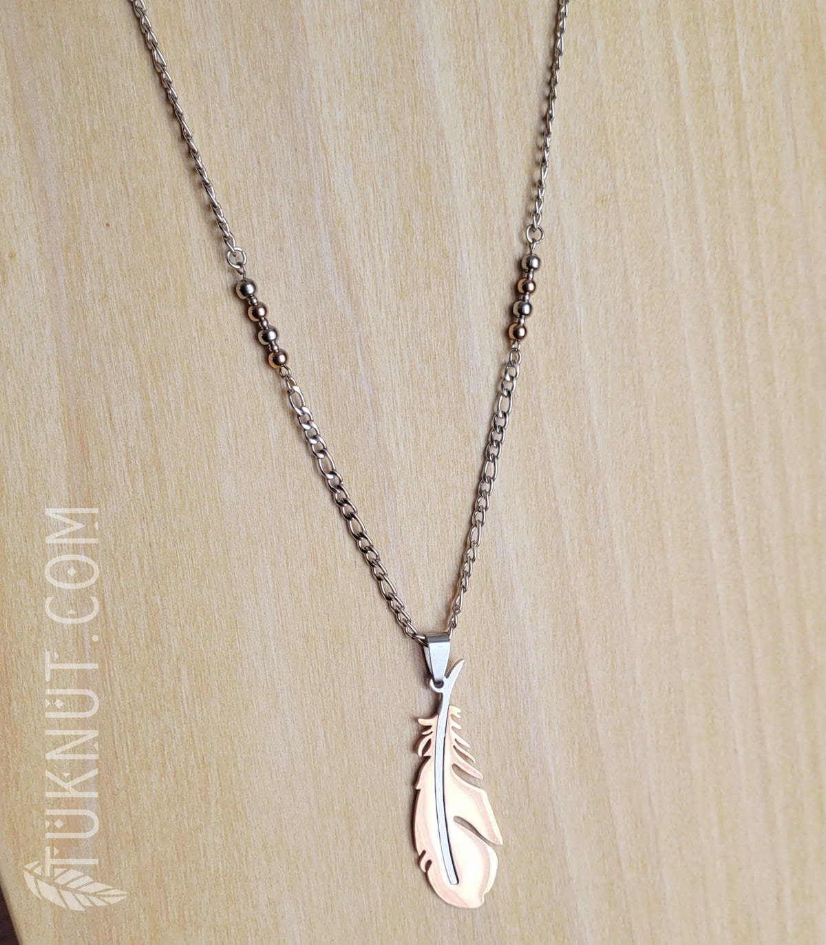 Collier en acier inoxydable avec pendentif (plume) (couleurs : argent et or rose) TUKNUT