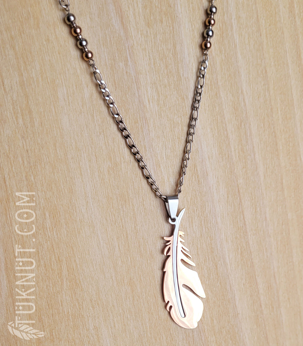 Collier en acier inoxydable avec pendentif (plume) (couleurs : argent et or rose) TUKNUT