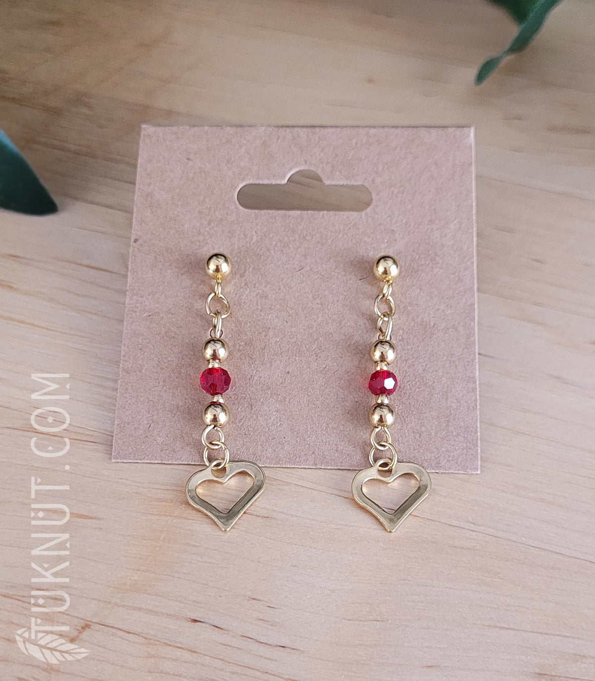 Boucles d'oreilles (tiges et papillons) avec pendentifs (coeur) en acier inoxydable et cristal (couleurs : or et rouge) TUKNUT