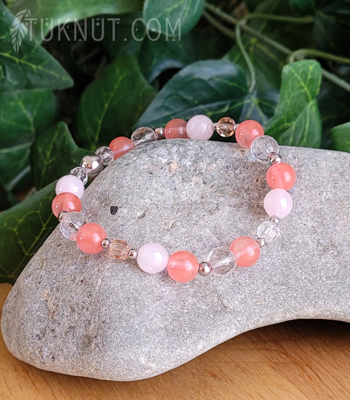 Bracelet extensible avec quartz cerise & rose, cristal et acier inoxydable (couleurs : rose foncé, rose pâle, translucide et argent) TUKNUT