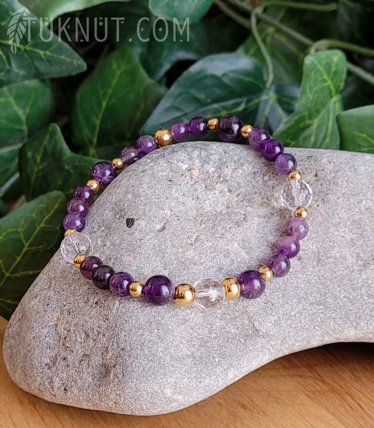 Bracelet extensible avec améthyste, cristal et acier inoxydable (couleurs : mauve, transparent et or) TUKNUT