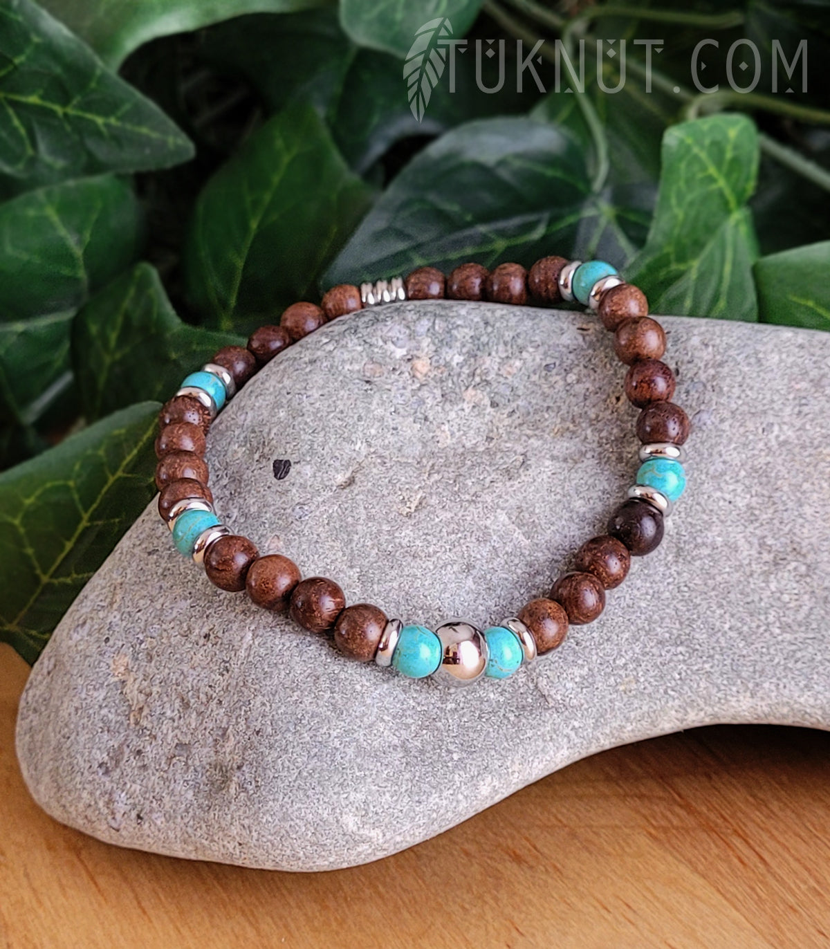 Bracelet extensible d'inspiration autochtone avec bois monzo, turquoise et acier inoxydable (couleurs : brun, turquoise et argent) TUKNUT
