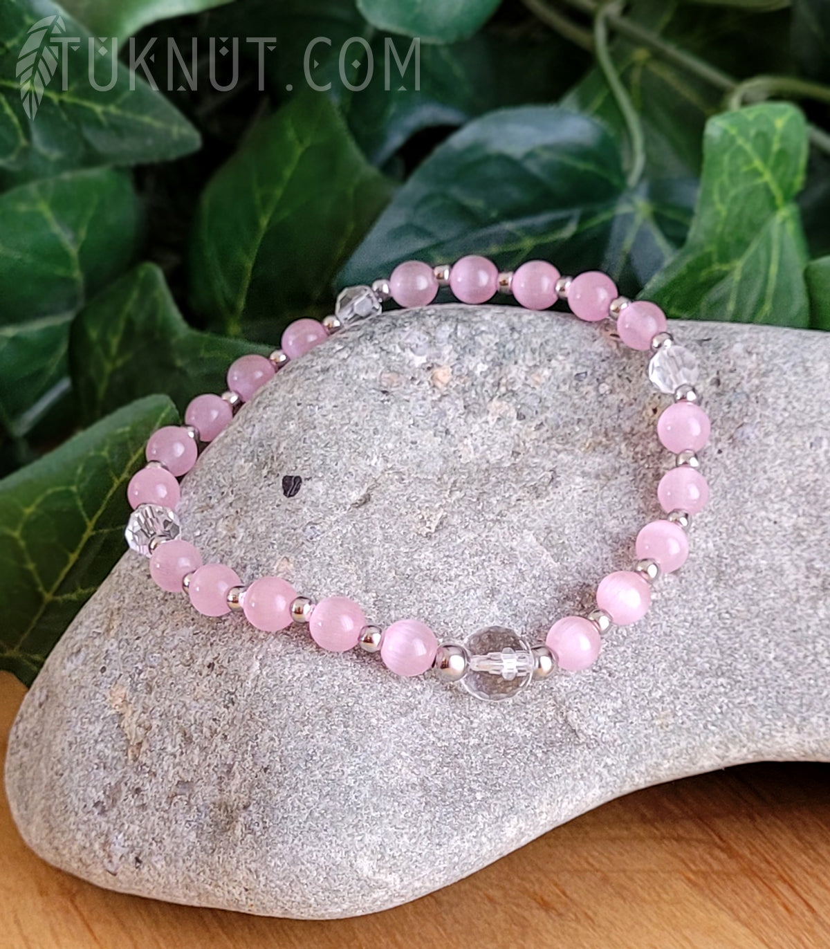 Bracelet extensible avec verre (oeil de chat rose), cristal et acier inoxydable (couleurs : rose, argent et translucide) TUKNUT