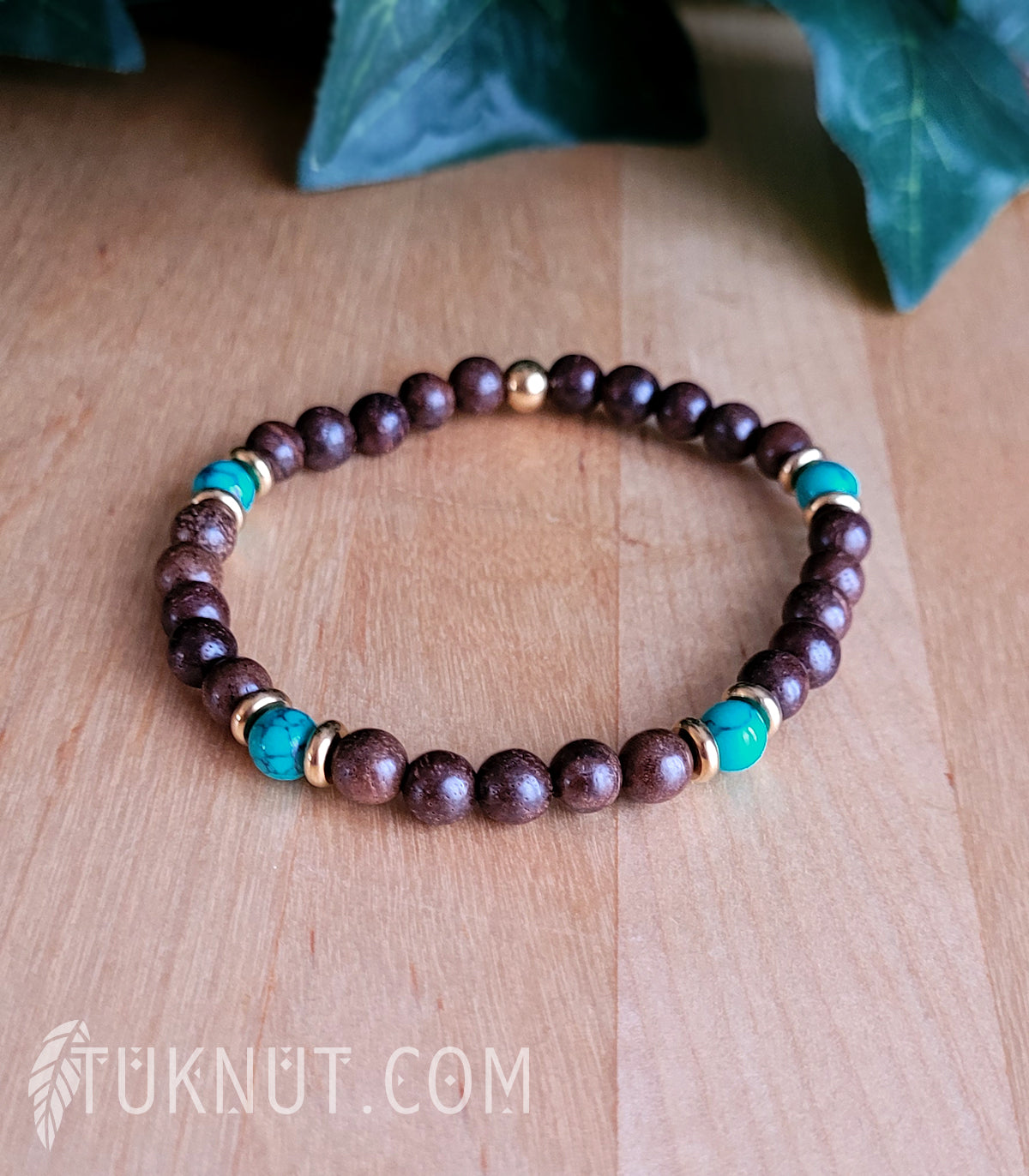 Bracelet extensible d'inspiration autochtone avec bois Monzo, turquoise et acier inoxydable (couleurs : brun, turquoise et or) TUKNUT