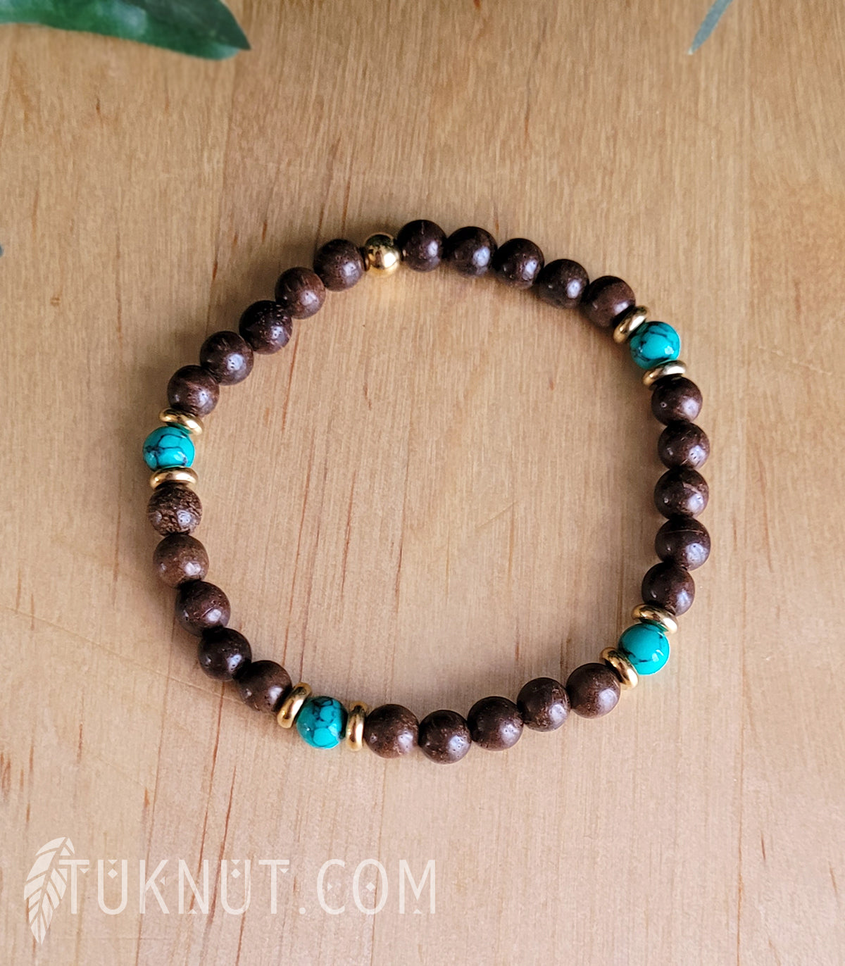 Bracelet extensible d'inspiration autochtone avec bois Monzo, turquoise et acier inoxydable (couleurs : brun, turquoise et or) TUKNUT
