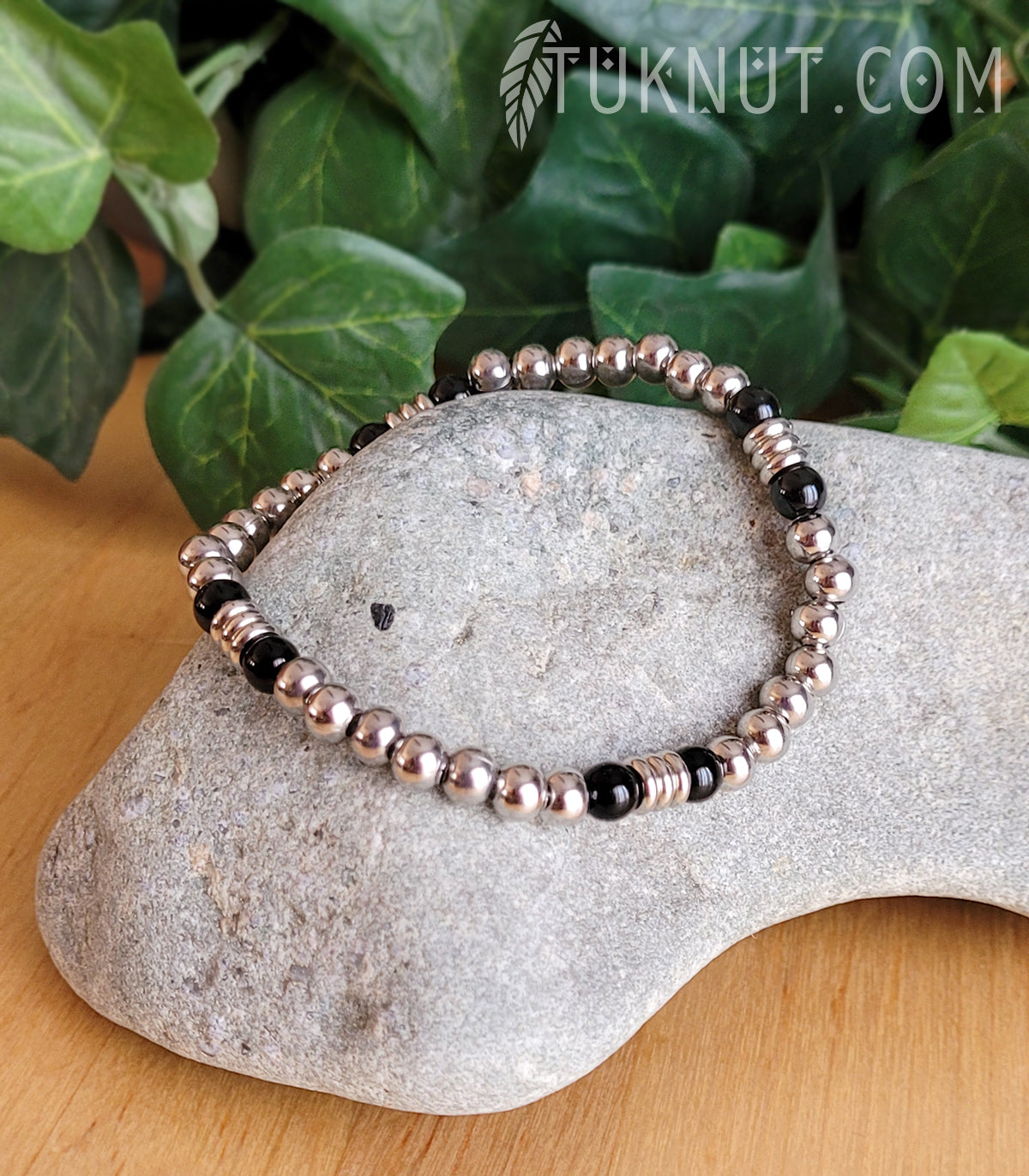 Bracelet extensible en acier inoxydable avec onyx (couleurs : argent et noir) TUKNUT