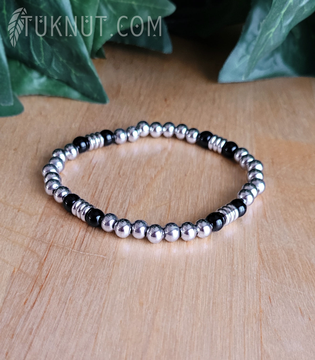 Bracelet extensible en acier inoxydable avec onyx (couleurs : argent et noir) TUKNUT