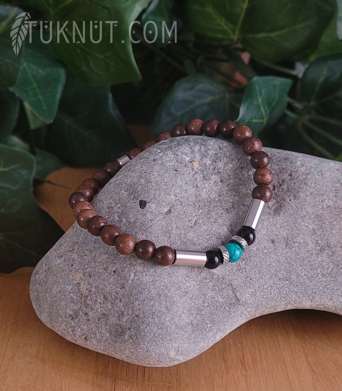Bracelet extensible d'inspiration autochtone avec bois Monzo, onyx, turquoise et acier inoxydable (couleurs : brun, noir, turquoise et argent) TUKNUT