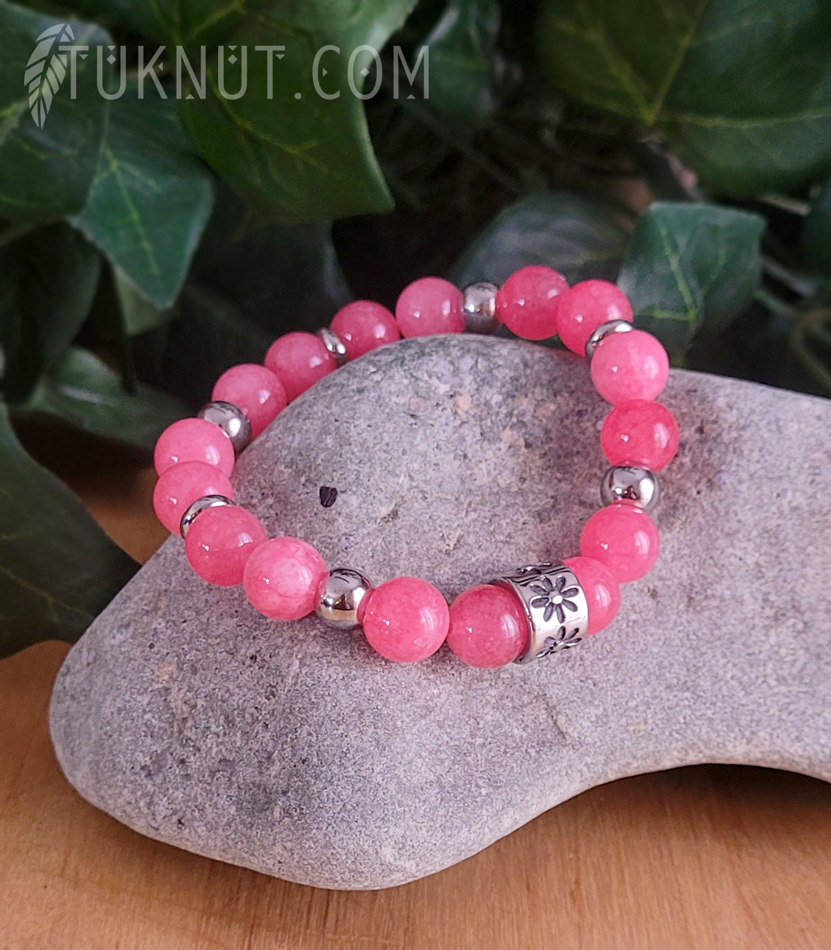 Bracelet extensible avec jade et acier inoxydable (bille d'acier avec marguerite) (couleurs : rose et argent) TUKNUT