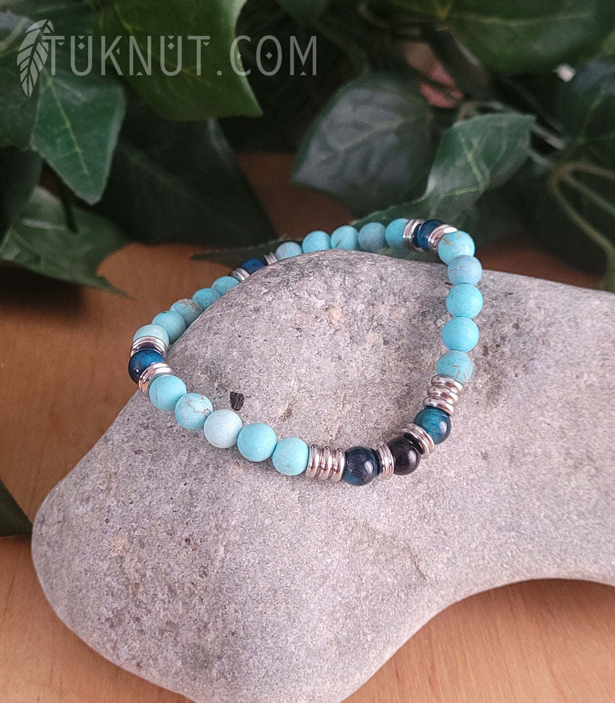 Bracelet extensible avec turquoise, oeil de tigre bleu et acier inoxydable (couleurs : turquoise, bleu et argent) TUKNUT