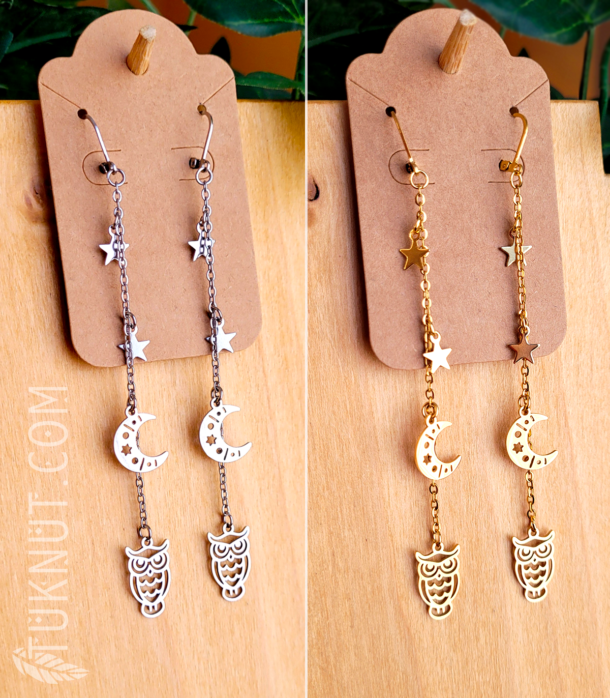 Boucles d'oreilles (à levier) d'inspiration autochtone avec breloques (étoile, lune et hibou) sur chaîne en acier inoxydable (choix de couleurs : argent ou or) TUKNUT
