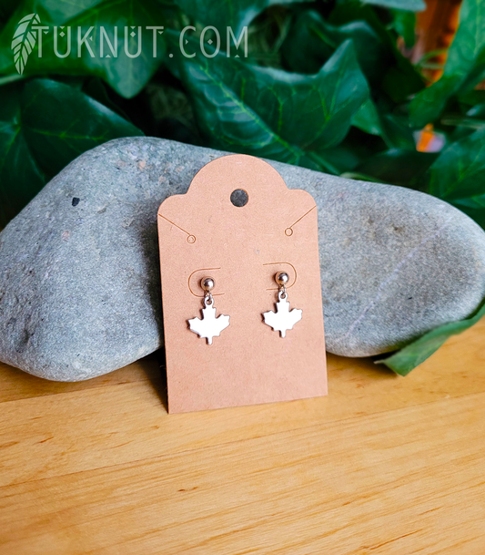 Boucles d'oreilles (tiges et papillons) d'inspiration autochtone; avec breloques (Feuille d'érable) en acier inoxydable (couleur : argent) TUKNUT