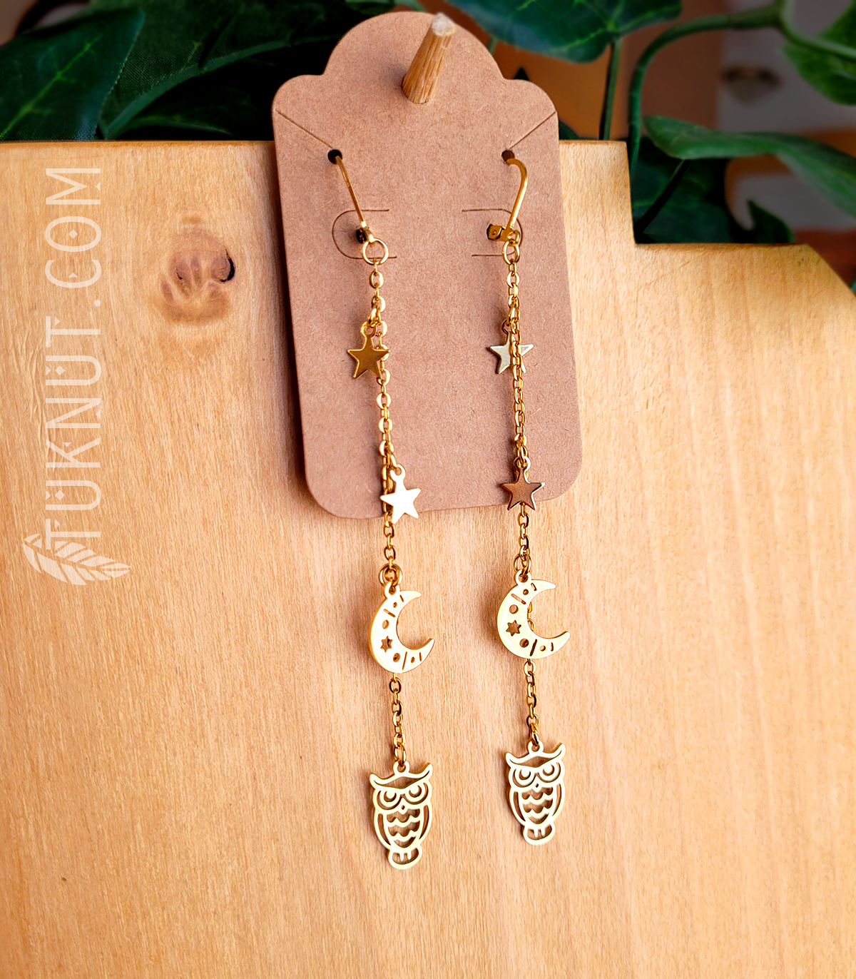 Boucles d'oreilles (à levier) d'inspiration autochtone avec breloques (étoile, lune et hibou) sur chaîne en acier inoxydable (choix de couleurs : argent ou or) TUKNUT