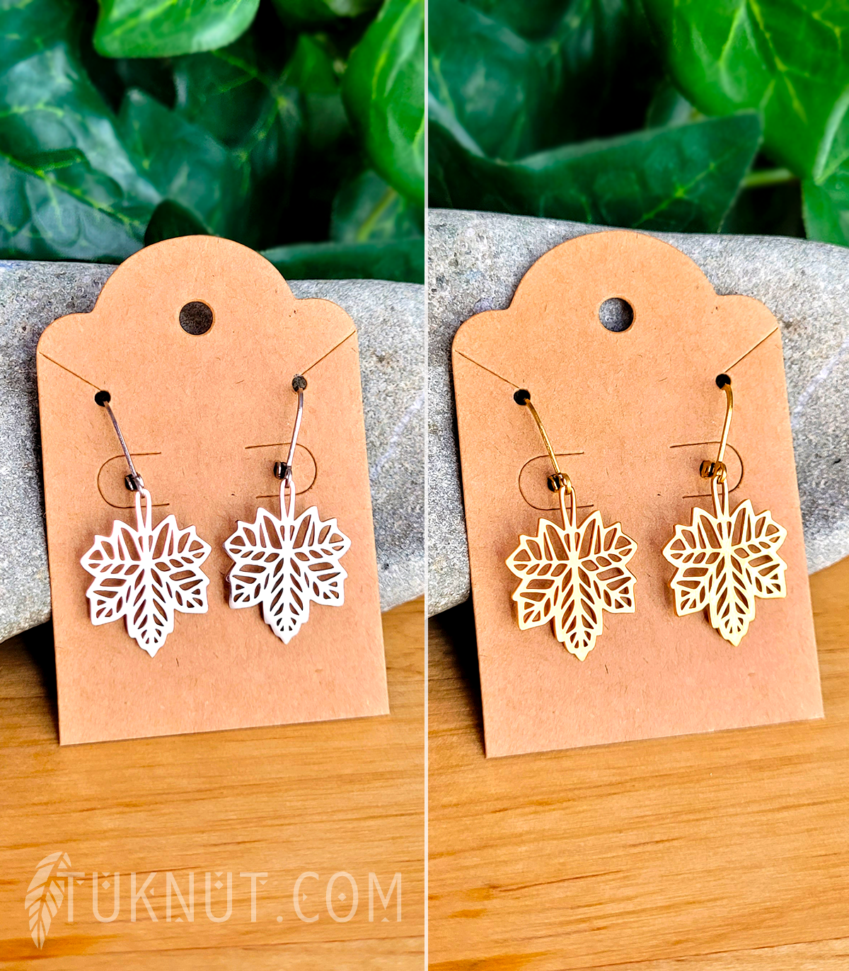 Boucles d'oreilles (à levier) d'inspiration autochtone avec breloques (Feuille d'érable) en acier inoxydable (choix de couleurs : argent ou or) TUKNUT
