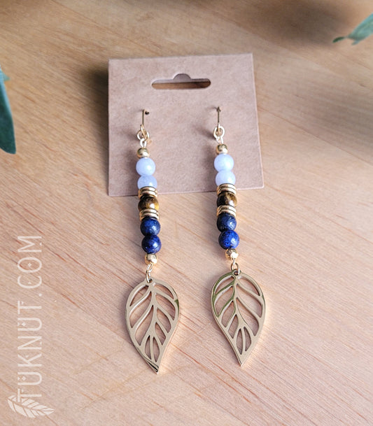 Boucles d'oreilles Feuille dorée et pierres