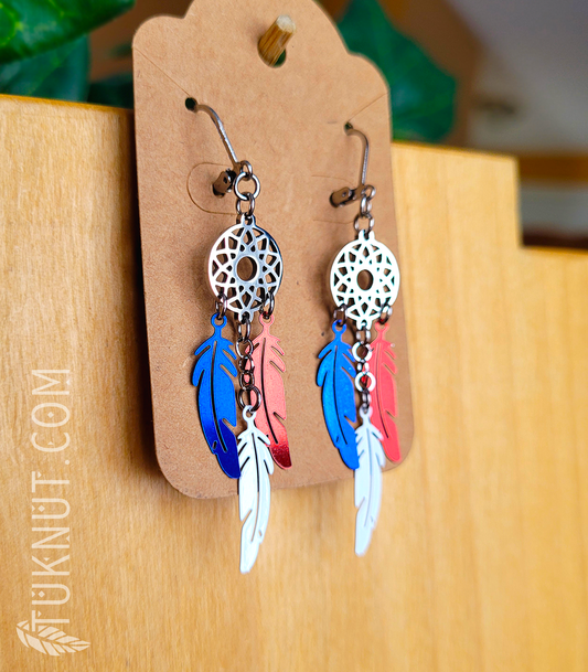 Boucles d'oreilles (à levier) d'inspiration autochtone avec pendentifs (Capteur de rêves et Plumes) en acier inoxydable (couleurs : argent, bleu, blanc et rouge) TUKNUT