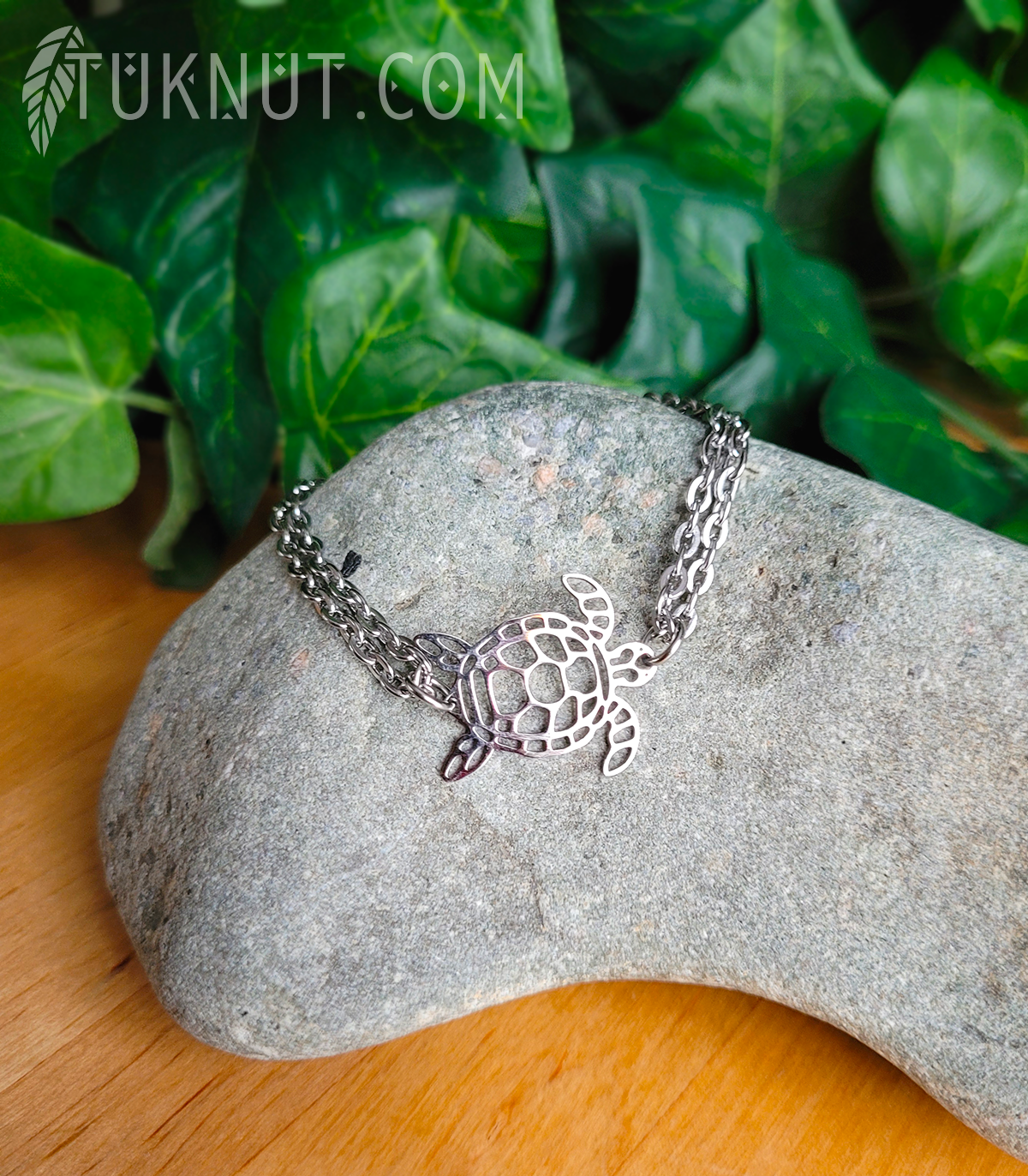 Bracelet d'inspiration autochtone en acier inoxydable avec lien-connecteur (Tortue) (couleur : argent) TUKNUT