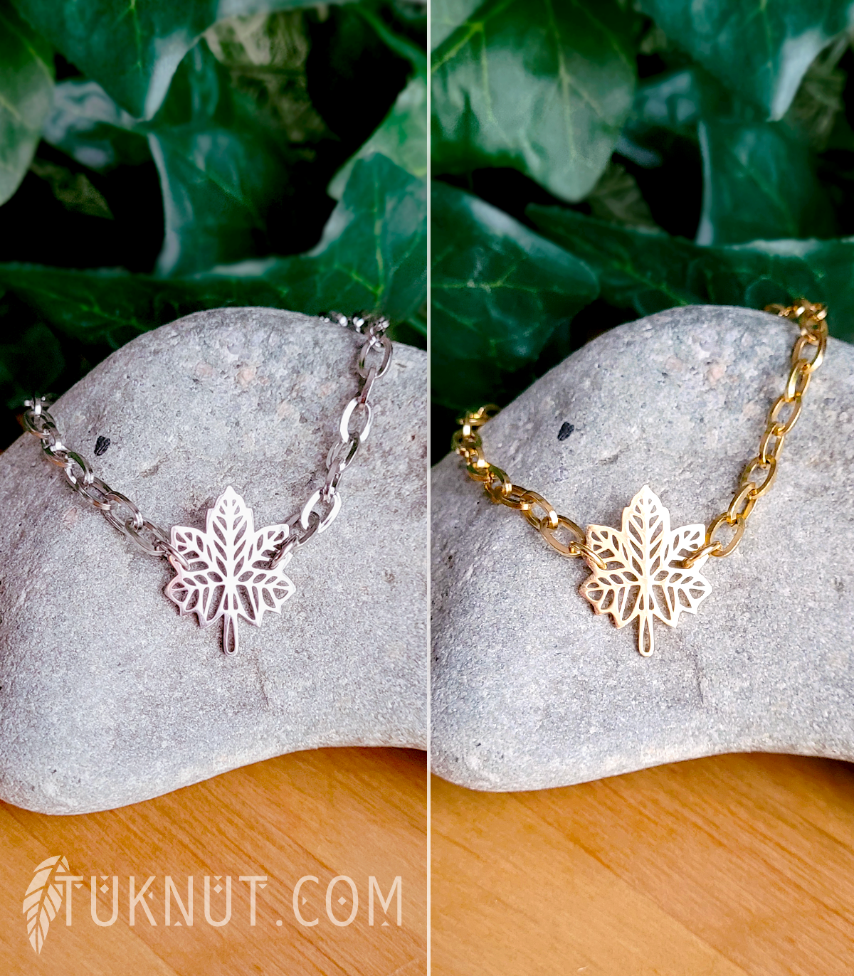 Bracelet d'inspiration autochtone avec breloques (Feuille d'érable) et (Feuille • au bout de la rallonge) en acier inoxydable (choix de couleurs : argent ou or) TUKNUT