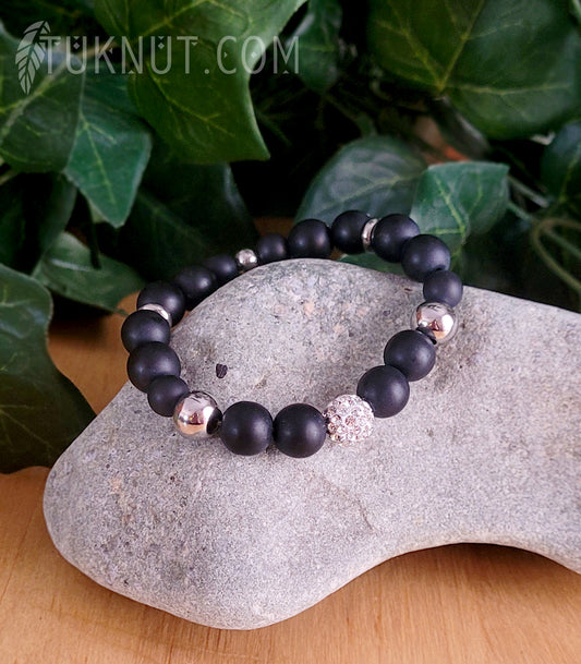 Bracelet extensible avec onyx mat, bille Shamballa (cristal) et acier inoxydable (couleurs : noir et argent) TUKNUT