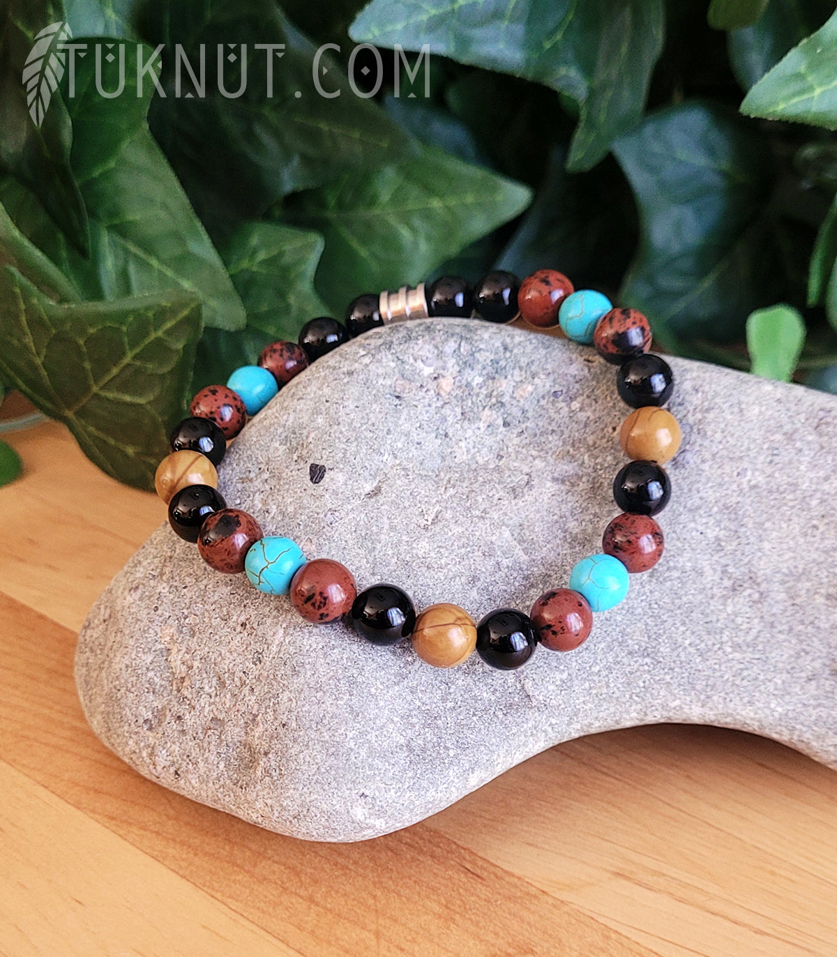 Bracelet extensible d'inspiration autochtone avec obsidienne Mahogany, onyx, jaspe bois, turquoise et acier inoxydable (couleurs : brun, noir, turquoise et argent) TUKNUT