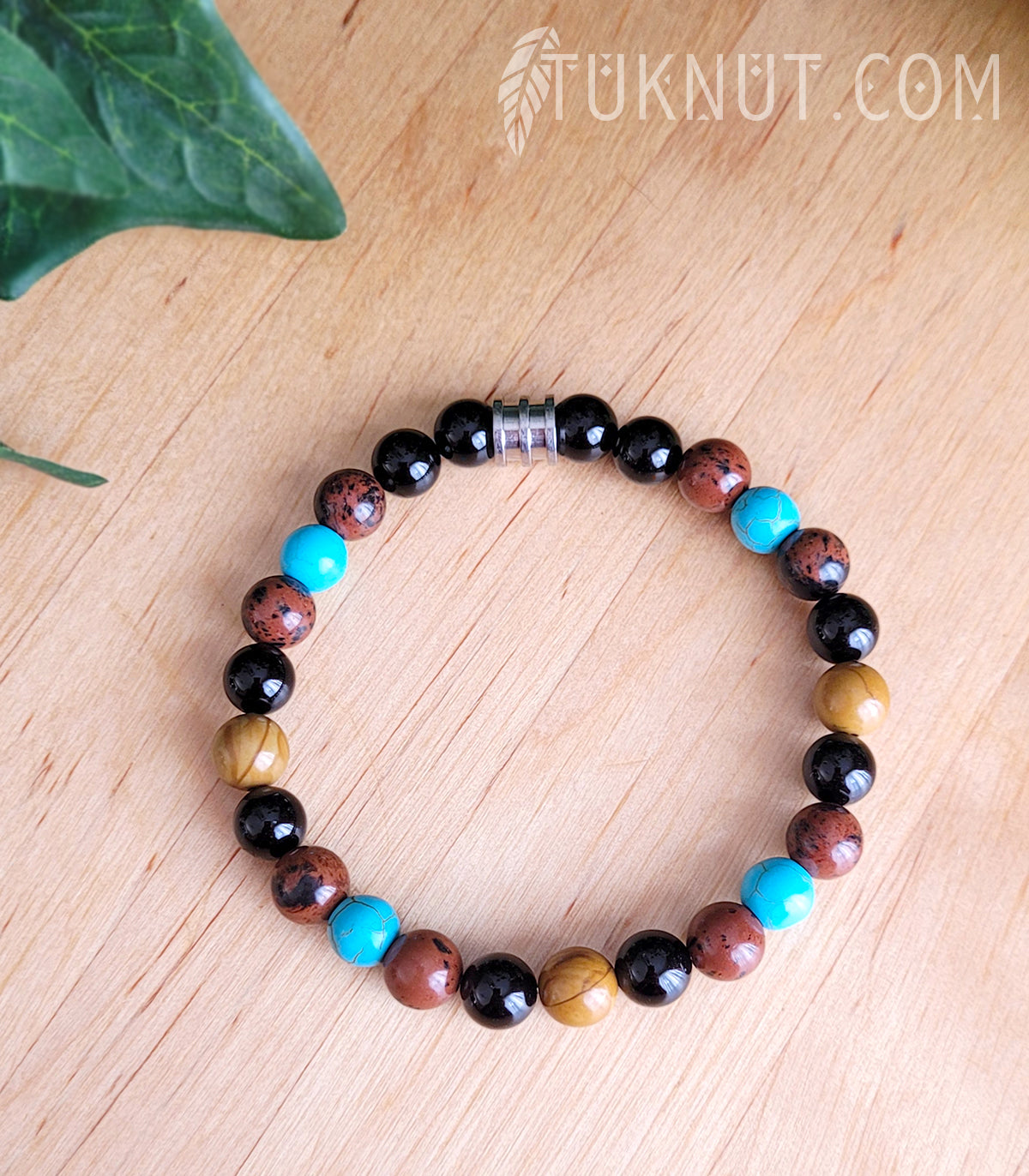 Bracelet extensible d'inspiration autochtone avec obsidienne Mahogany, onyx, jaspe bois, turquoise et acier inoxydable (couleurs : brun, noir, turquoise et argent) TUKNUT