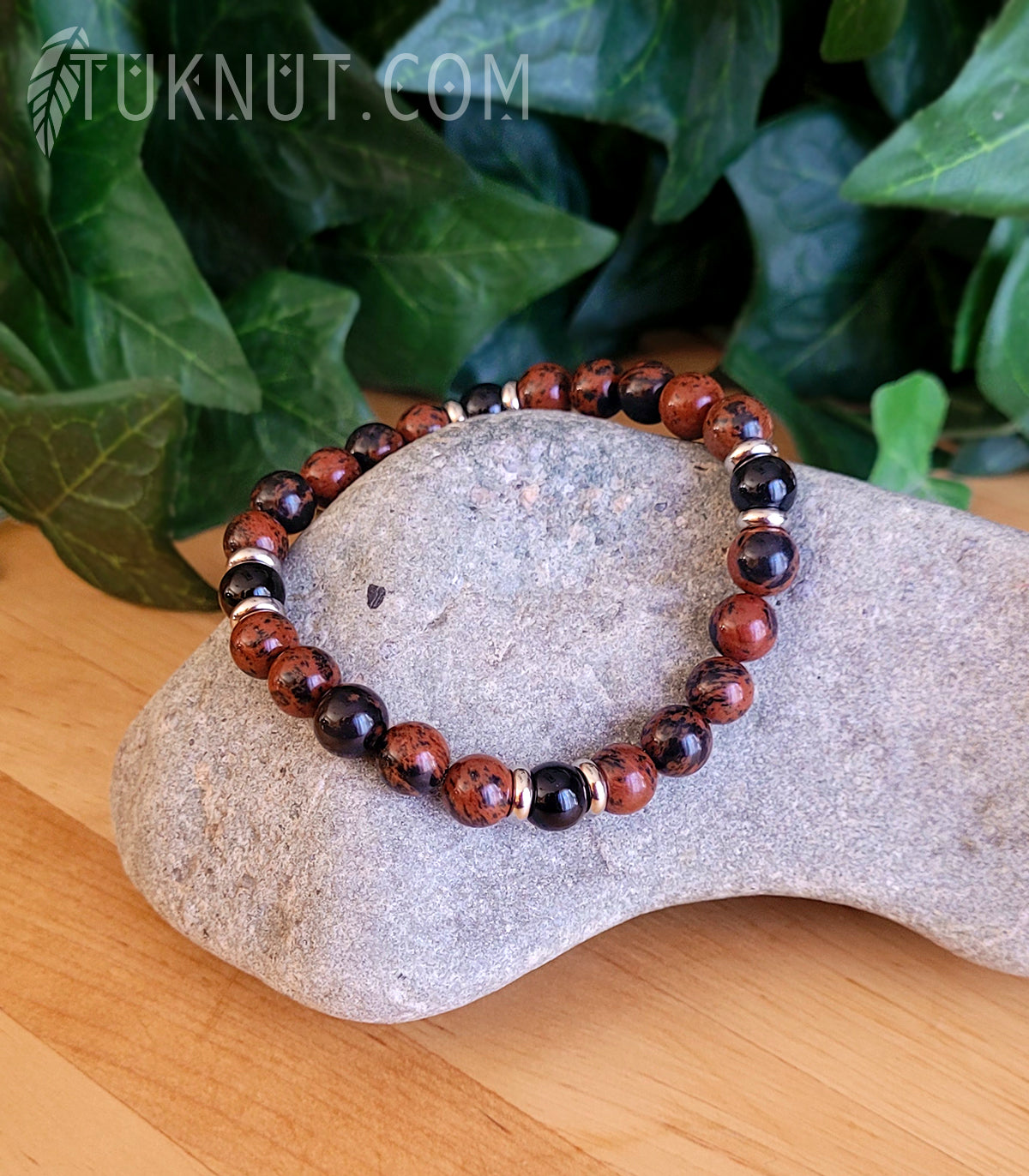 Bracelet extensible d'inspiration autochtone avec obsidienne Mahogany, onyx et acier inoxydable (couleurs : brun, noir et argent) TUKNUT