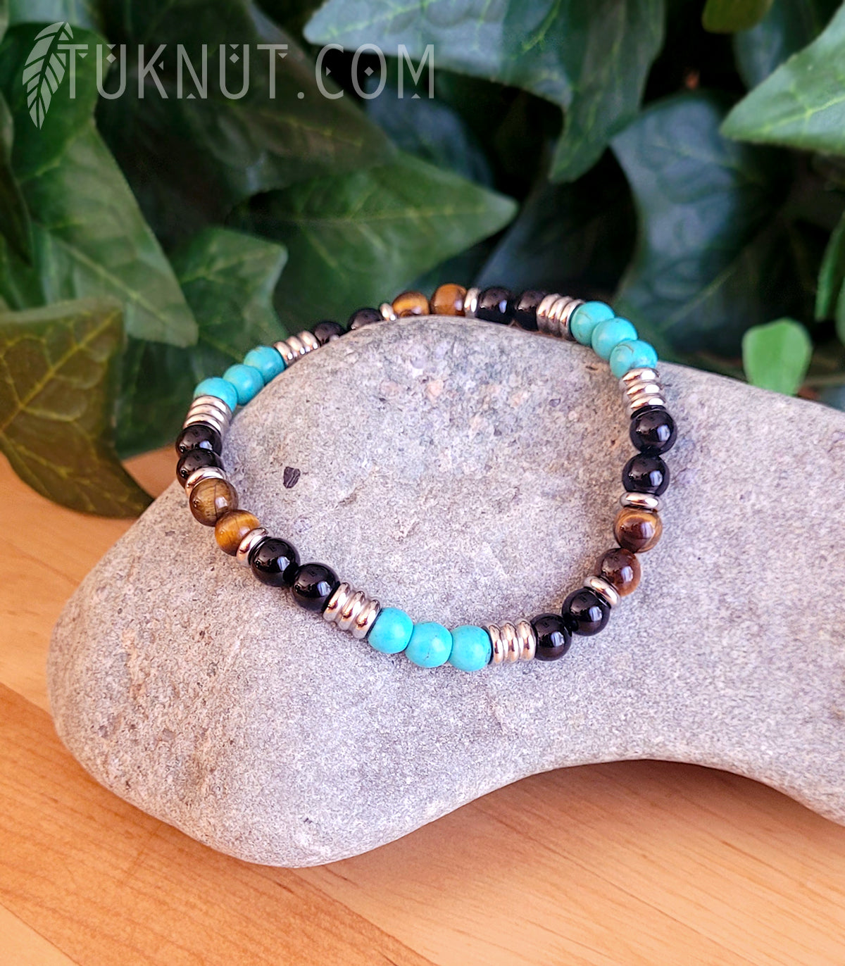 Bracelet extensible avec onyx, turquoise, oeil de tigre et acier inoxydable (couleurs : noir, turquoise, brun et argent) TUKNUT