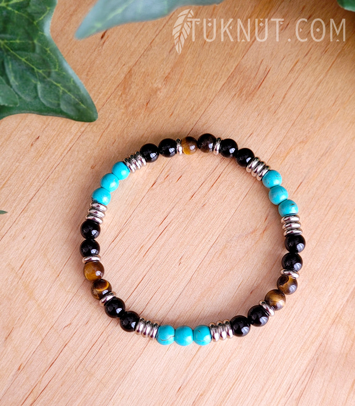 Bracelet extensible avec onyx, turquoise, oeil de tigre et acier inoxydable (couleurs : noir, turquoise, brun et argent) TUKNUT