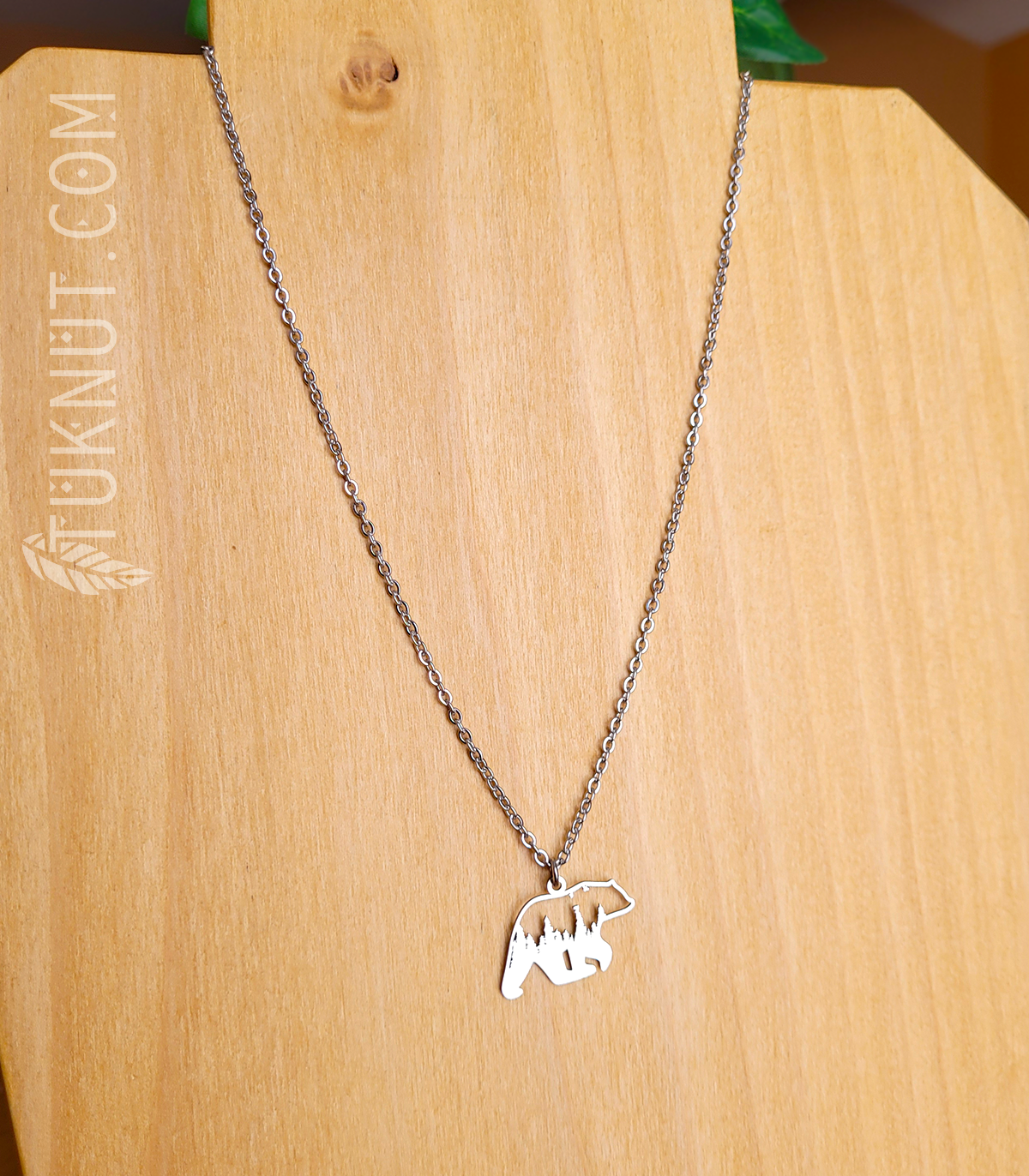 Collier d'inspiration autochtone avec pendentif (Ours avec à l'intérieur une Forêt) en acier inoxydable (couleur : argent) TUKNUT