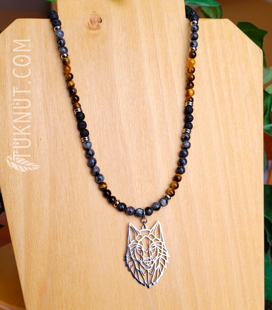 Collier d'inspiration autochtone avec pendentif (loup) en acier inoxydable avec pierre volcanique, labradorite et oeil de tigre (couleurs : noir, gris, brun et argent) TUKNUT