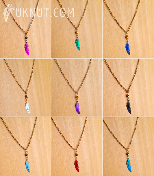 Collier d'inspiration autochtone en acier inoxydable avec pendentif (Plume) • (or et choix de couleurs de plumes : rose, vert, bleu, blanc, mauve, noir, bleu ciel, rouge ou aqua) TUKNUT
