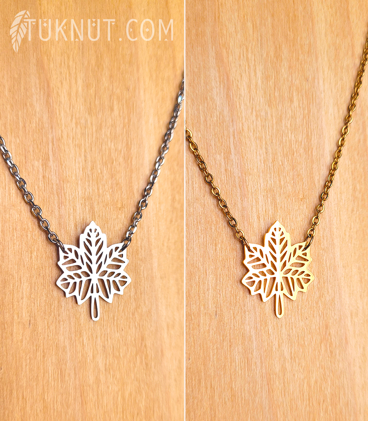 Collier d'inspiration autochtone avec pendentif (Feuille d'érable) et breloque (Feuille • au bout de la rallonge) en acier inoxydable (choix de couleurs : argent ou or) TUKNUT