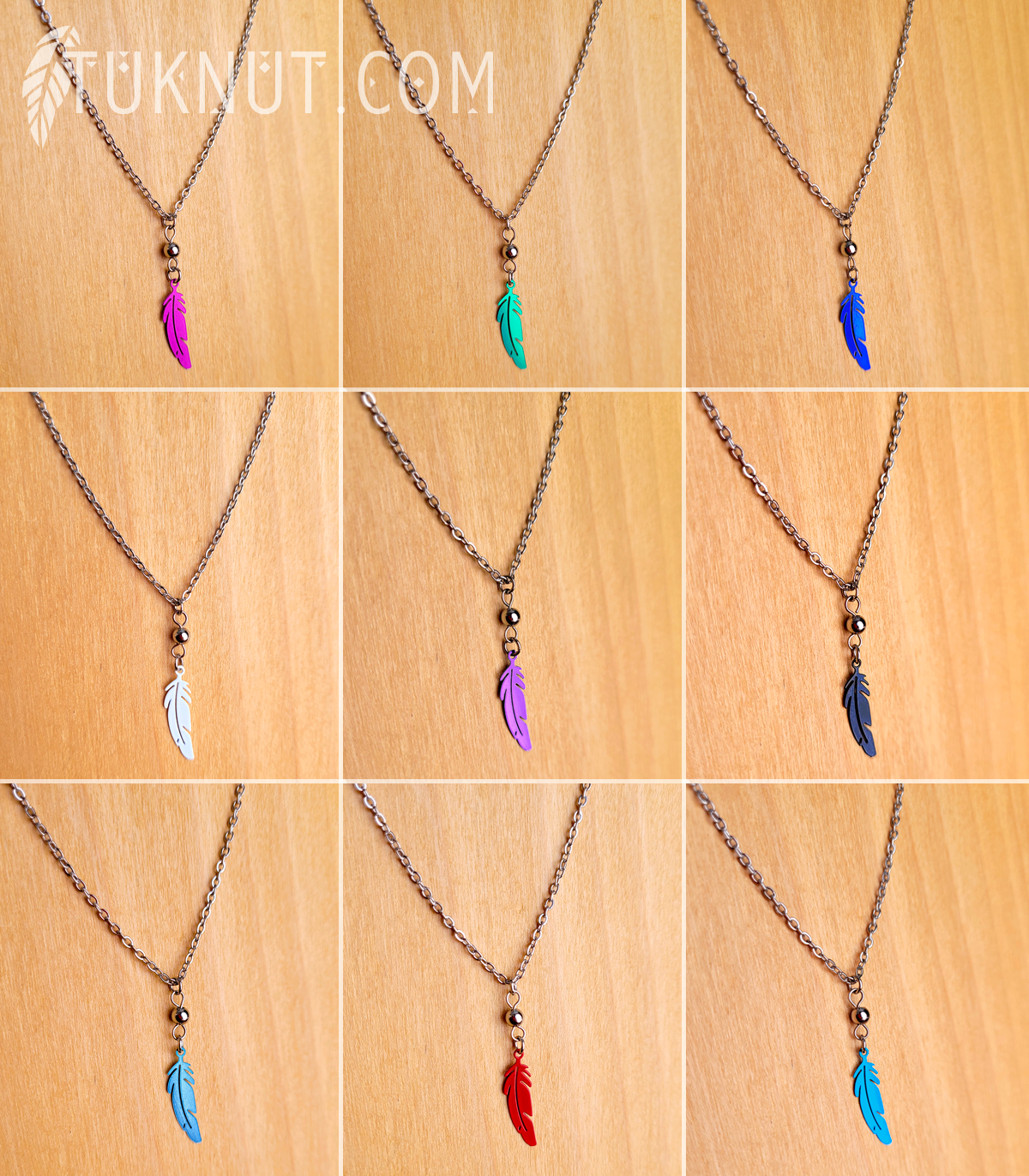 Collier d'inspiration autochtone en acier inoxydable avec pendentif (Plume) • (argent et choix de couleur de plume : rose, vert, bleu, blanc, mauve, noir, bleu ciel, rouge ou aqua) TUKNUT