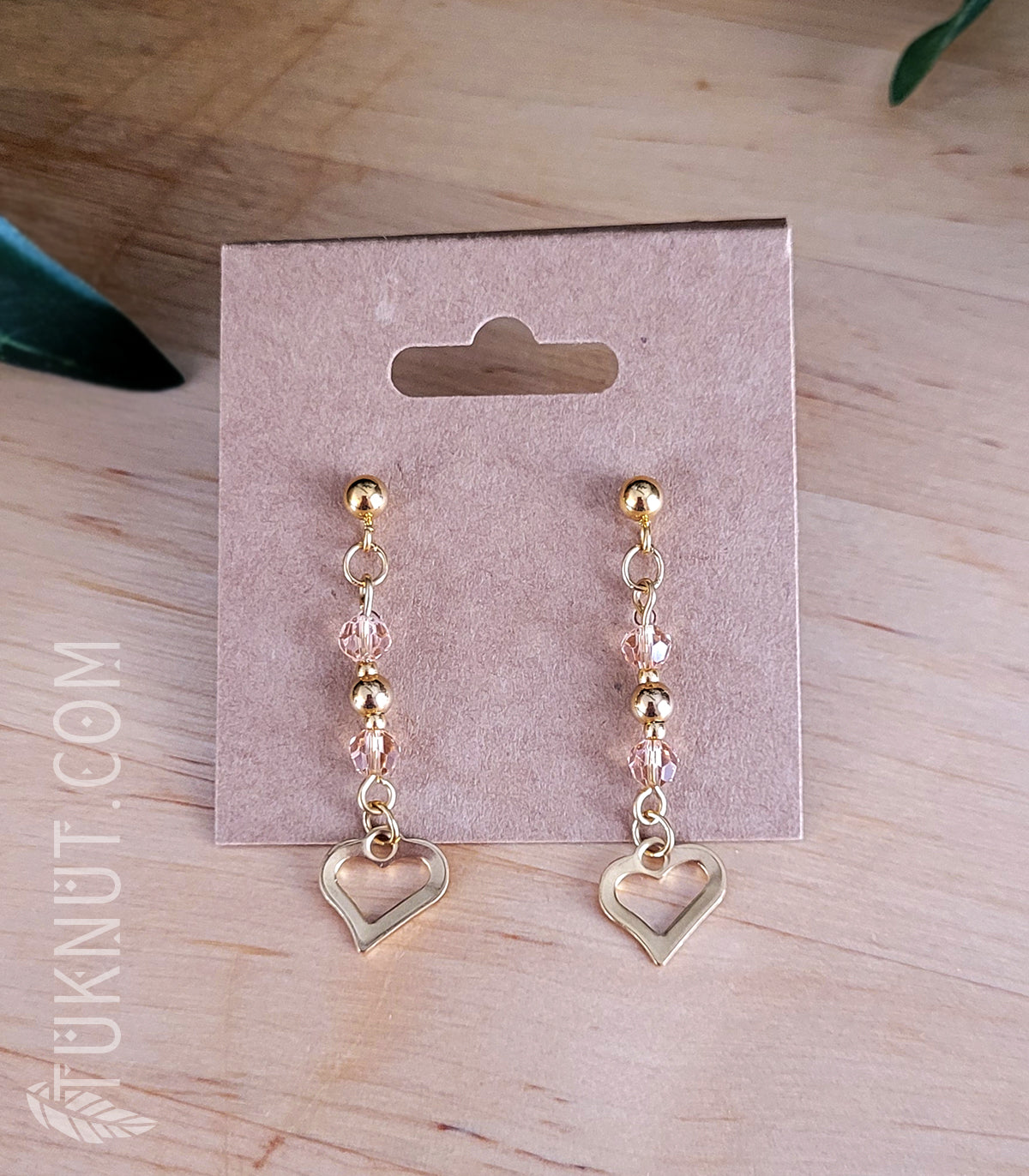 Boucles d'oreilles (tiges et papillons) avec pendentifs (coeur) en acier inoxydable et cristal (couleurs : or et rose) TUKNUT