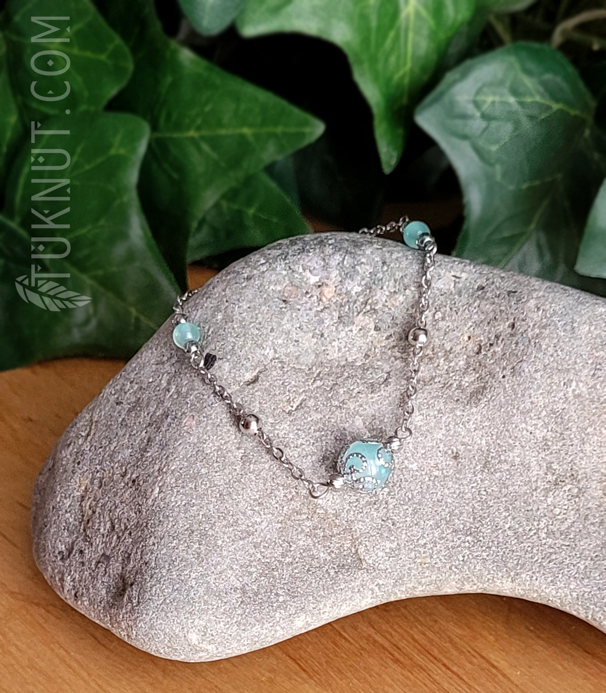 Bracelet en acier inoxydable avec jade arc-en-ciel (couleurs : argent et turquoise/aqua) TUKNUT