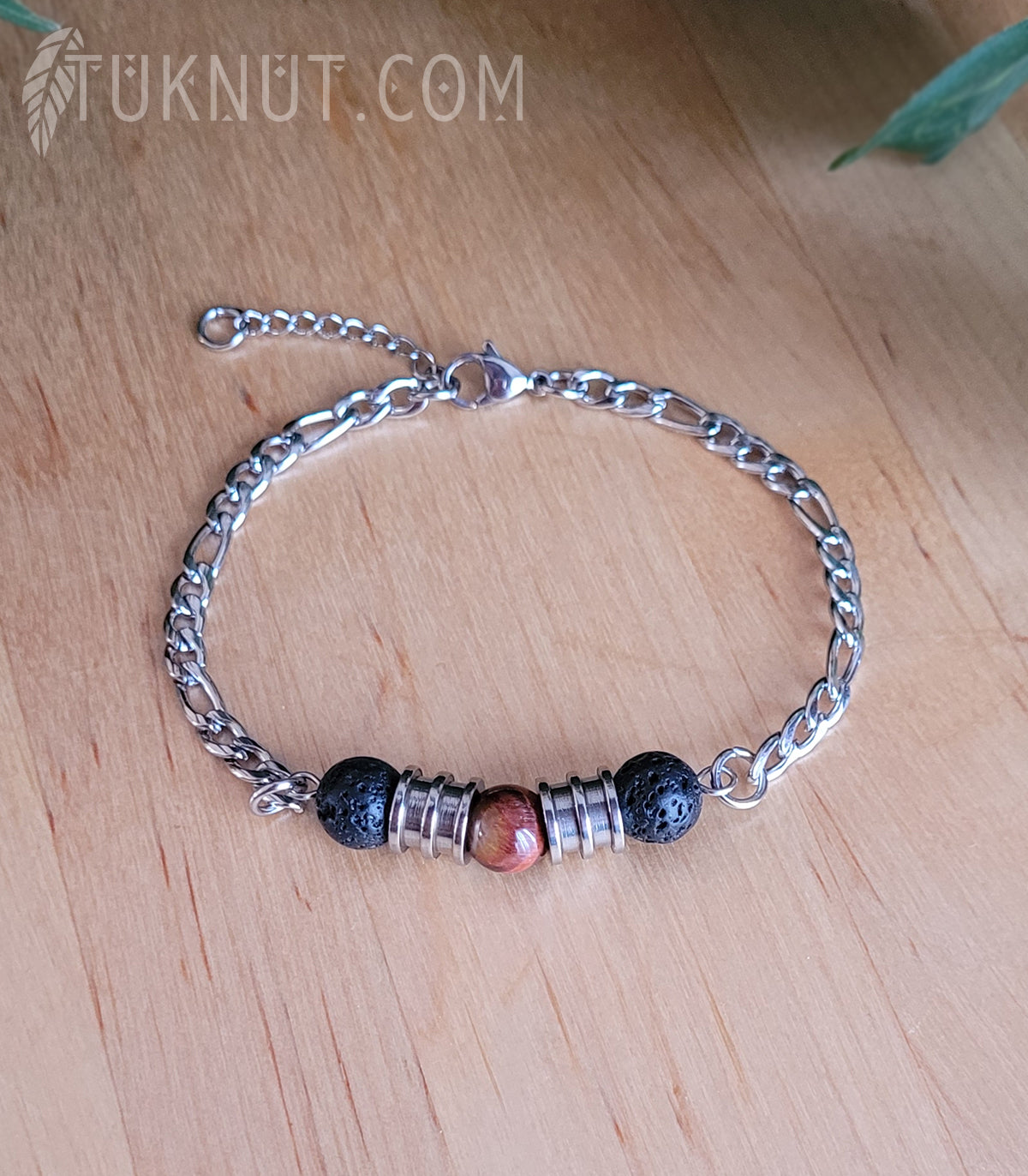 Bracelet en acier inoxydable avec pierre volcanique et oeil de tigre (couleur : noir, brun/rouge et argent) TUKNUT