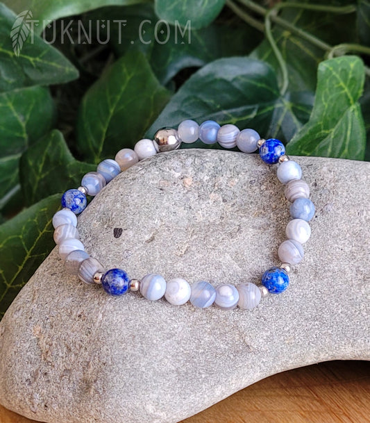 Bracelet extensible avec lapis lazuli, agate bleue et acier inoxydable (couleurs : bleu et argent) TUKNUT