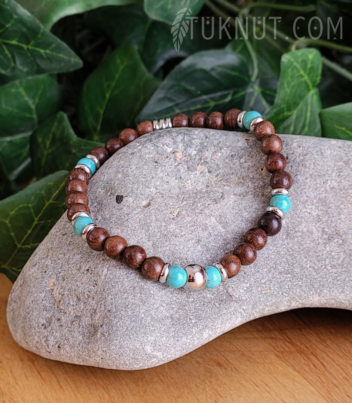 Bracelet extensible d'inspiration autochtone avec bois monzo, turquoise et acier inoxydable (couleurs : brun, turquoise et argent) TUKNUT