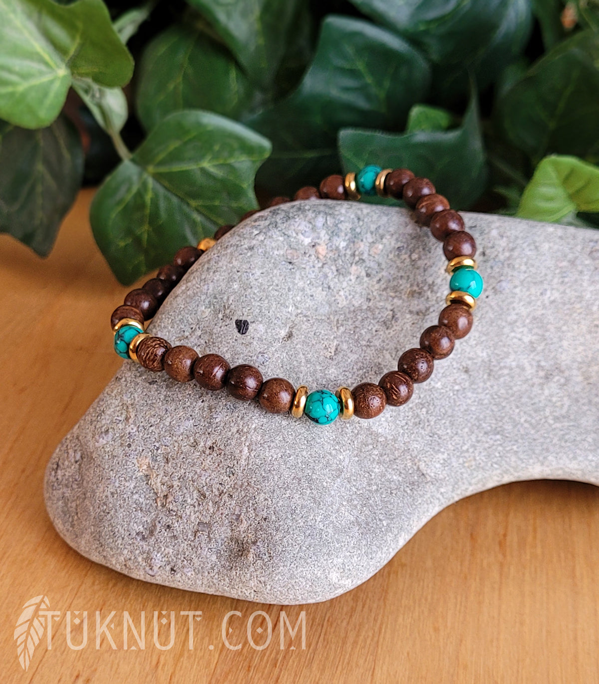 Bracelet extensible d'inspiration autochtone avec bois Monzo, turquoise et acier inoxydable (couleurs : brun, turquoise et or) TUKNUT