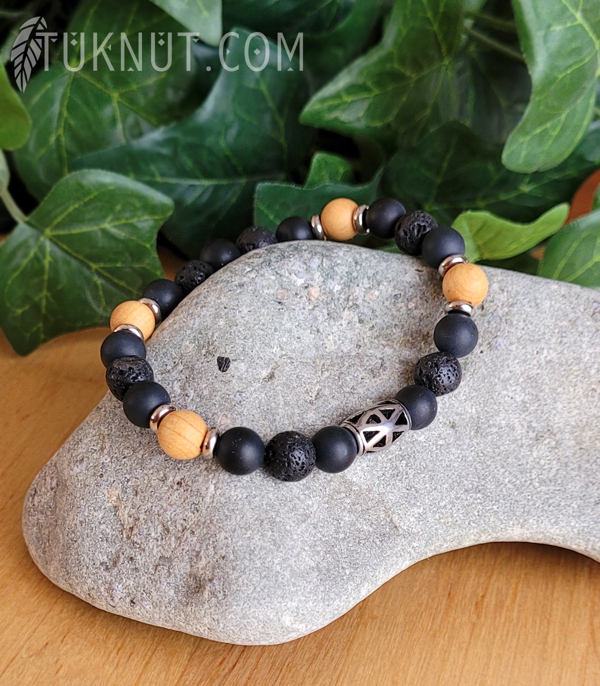 Bracelet extensible avec acier inoxydable, onyx, pierre volcanique et bois de Thuya (couleurs : noir, bois naturel et argent) TUKNUT