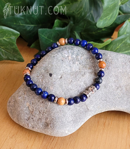 Bracelet extensible avec lapis lazuli, bois et acier inoxydable (couleurs : bleu foncé, brun pâle et argent) TUKNUT