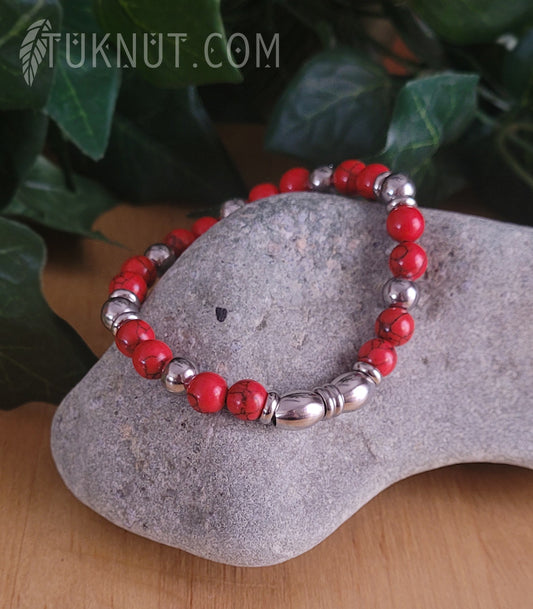 Bracelet extensible avec turquoise, billes en acier inoxydable (couleurs : rouge et argent) TUKNUT