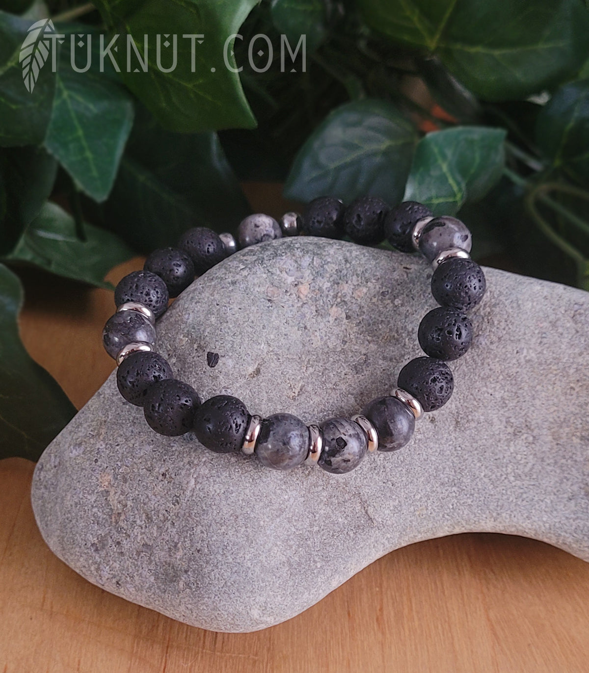 Bracelet extensible avec pierre volcanique, labradorite et acier inoxydable (couleurs : noir, gris et argent) TUKNUT