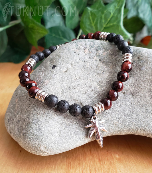 Bracelet extensible avec oeil de tigre, pierre volcanique et breloque (feuille de cannabis) en acier inoxydable (couleurs : brun, noir et argent) TUKNUT